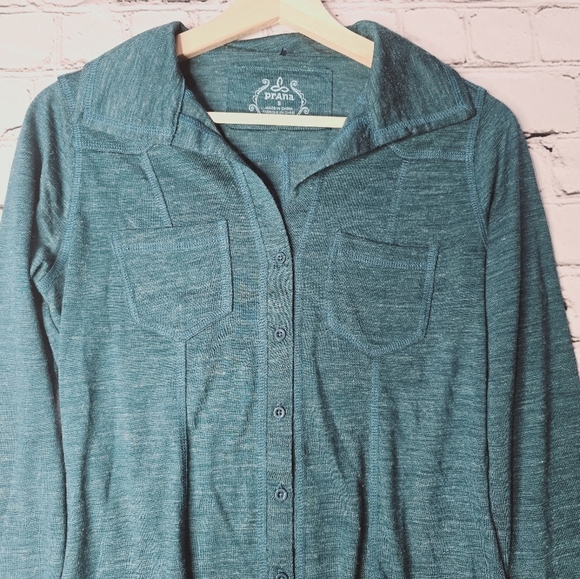 Prana Luna Button Up Turquoise Blue Heathered Pocket Accent Size S - Picture 2 of 8